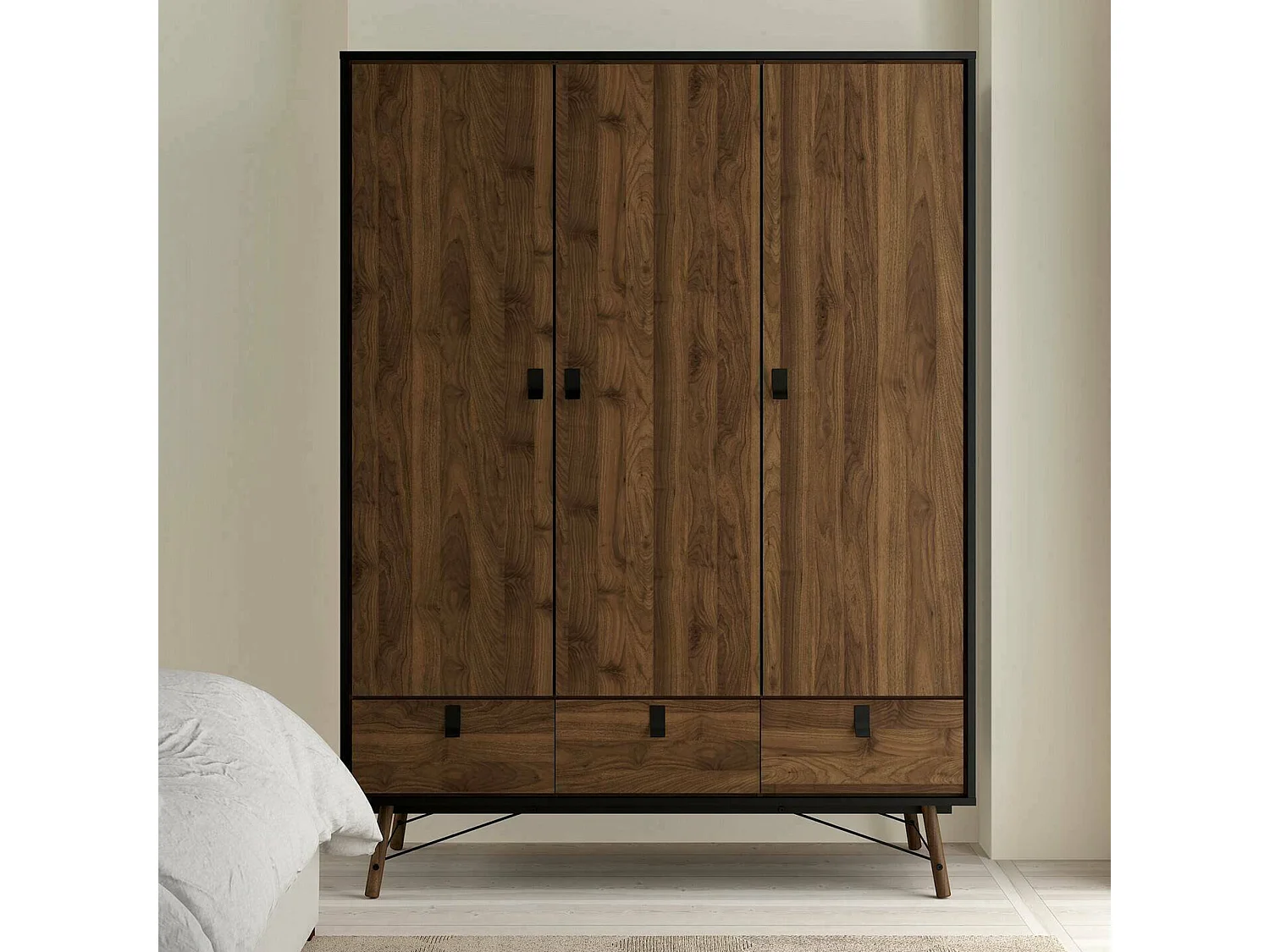 Garde-robe 3 portes Dverdell, Meubles de chambre, Penderie de plain-pied, Placard à vêtements, 150x60 h200 cm, Noir et Noyer