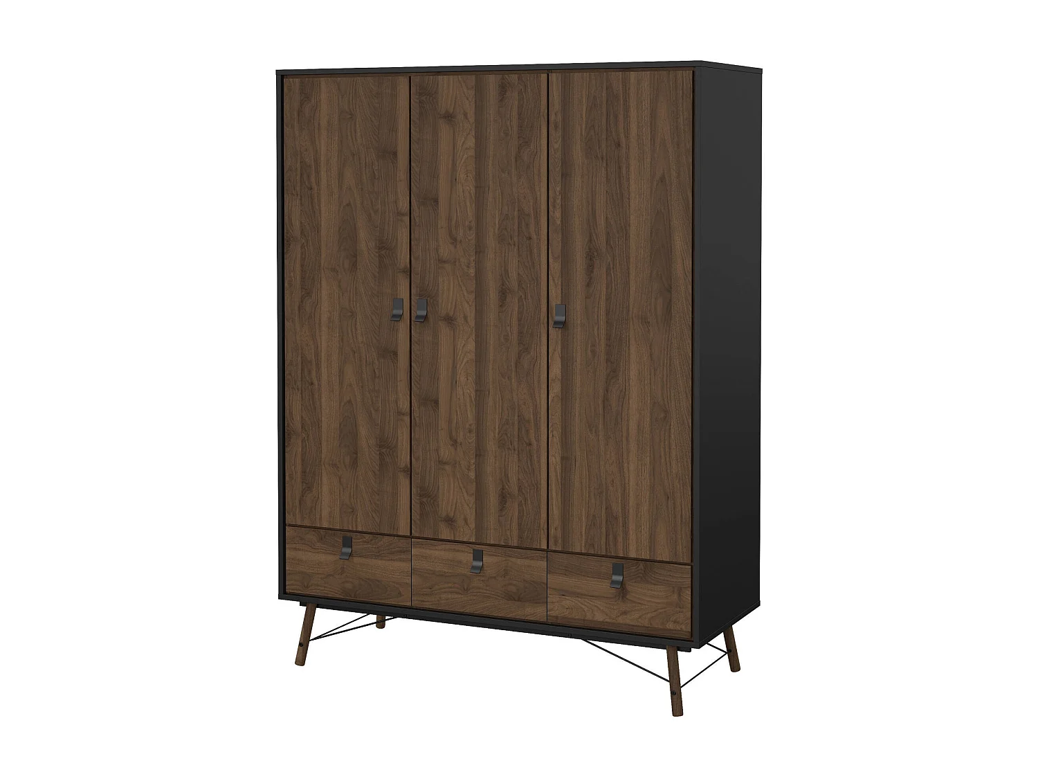 Garde-robe 3 portes Dverdell, Meubles de chambre, Penderie de plain-pied, Placard à vêtements, 150x60 h200 cm, Noir et Noyer