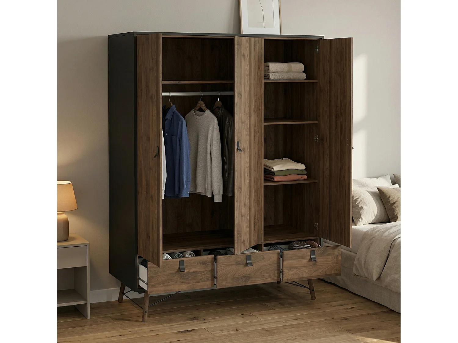 Garde-robe 3 portes Dverdell, Meubles de chambre, Penderie de plain-pied, Placard à vêtements, 150x60 h200 cm, Noir et Noyer