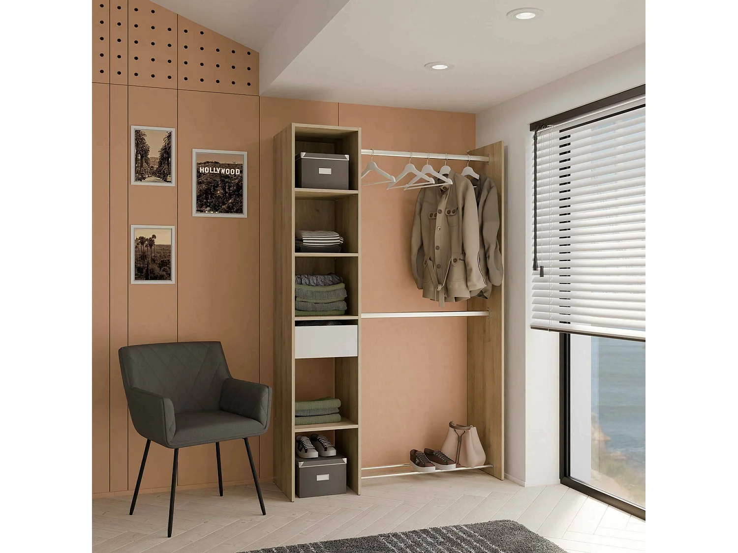 Gran Armario Dyamashit, Muebles de dormitorio, Vestidor, Armario de ropa, 118x40 h183 cm, Roble y Blanco mate
