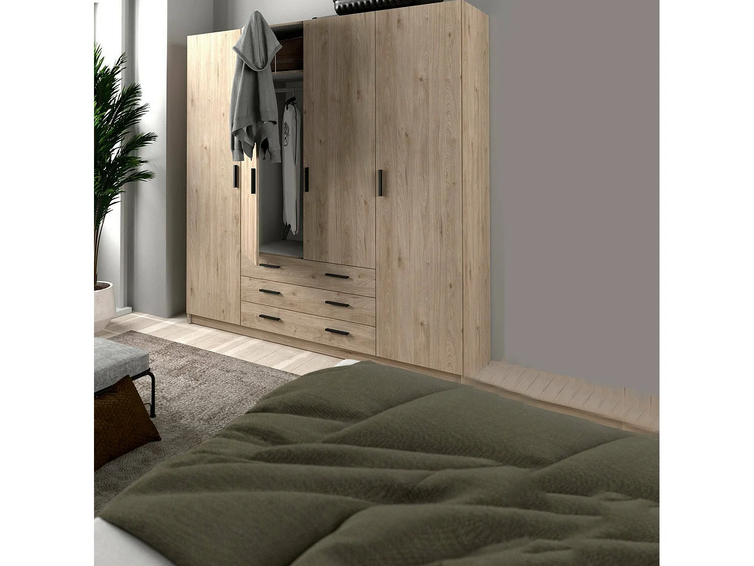 Grande Garde-robe Dserafin, Meubles de chambre, Penderie de plain-pied, Placard à vêtements, 196x50 h200 cm, Chêne clair