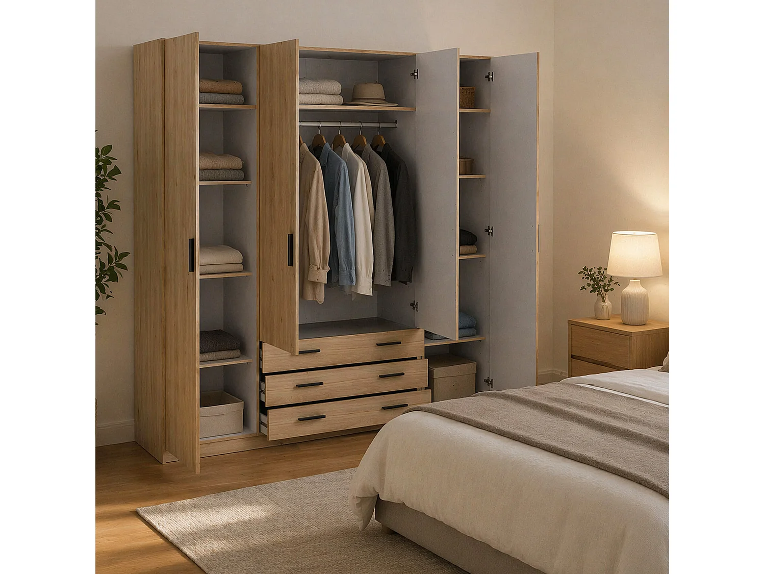 Grande Garde-robe Dserafin, Meubles de chambre, Penderie de plain-pied, Placard à vêtements, 196x50 h200 cm, Chêne clair