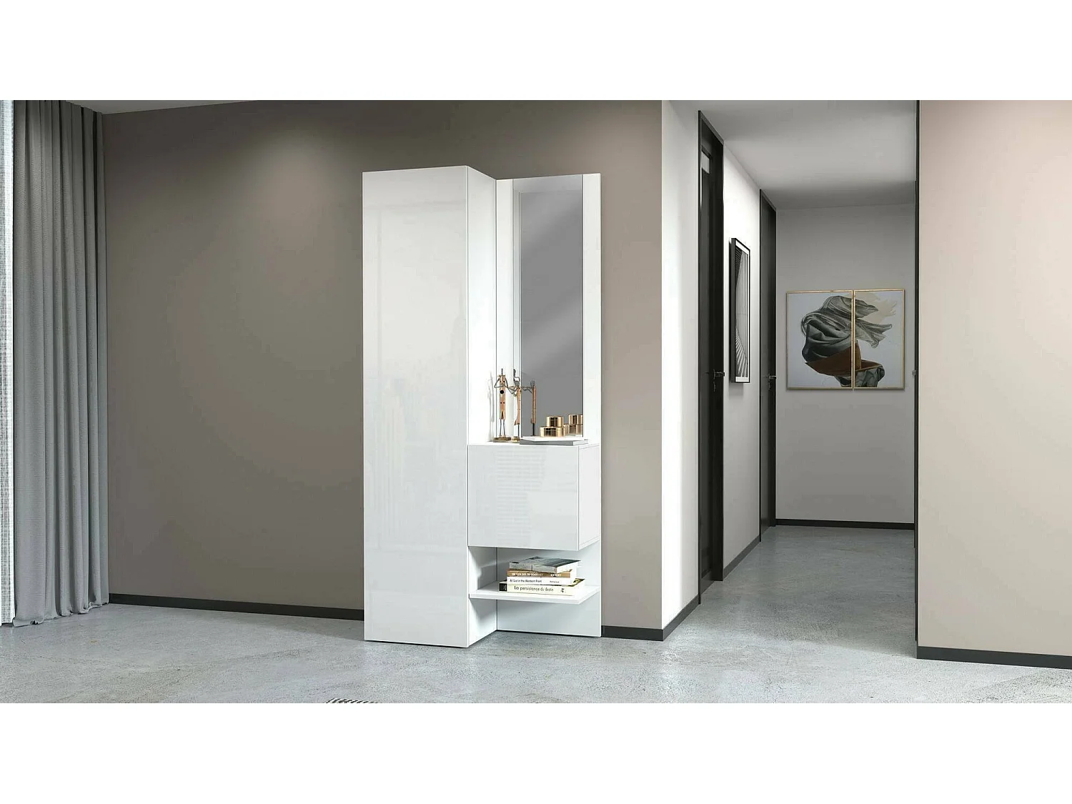 Mueble de entrada Dcristant, Mueble multifuncional con 2 puertas, Mueble multiusos con espejo, 90x35h190 cm, Blanco