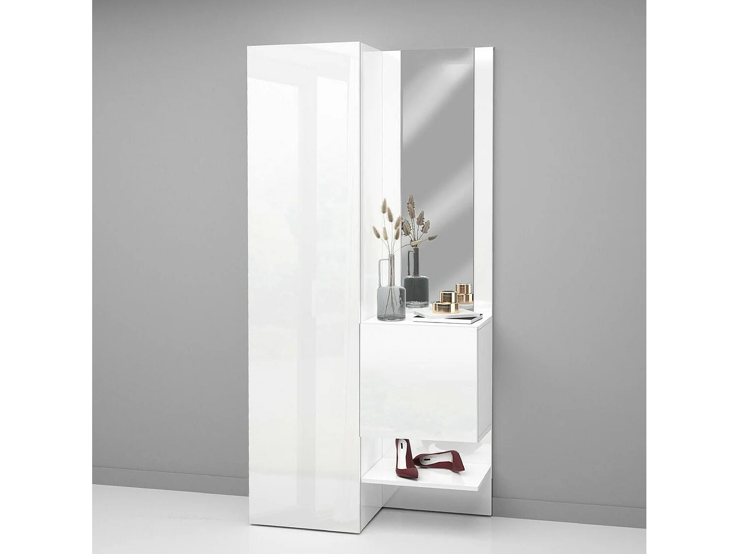 Meuble d'entrée Vinicio, Armoire multifonctionnelle avec 2 portes, Armoire polyvalente avec miroir, 90x35h190 cm, Blanc