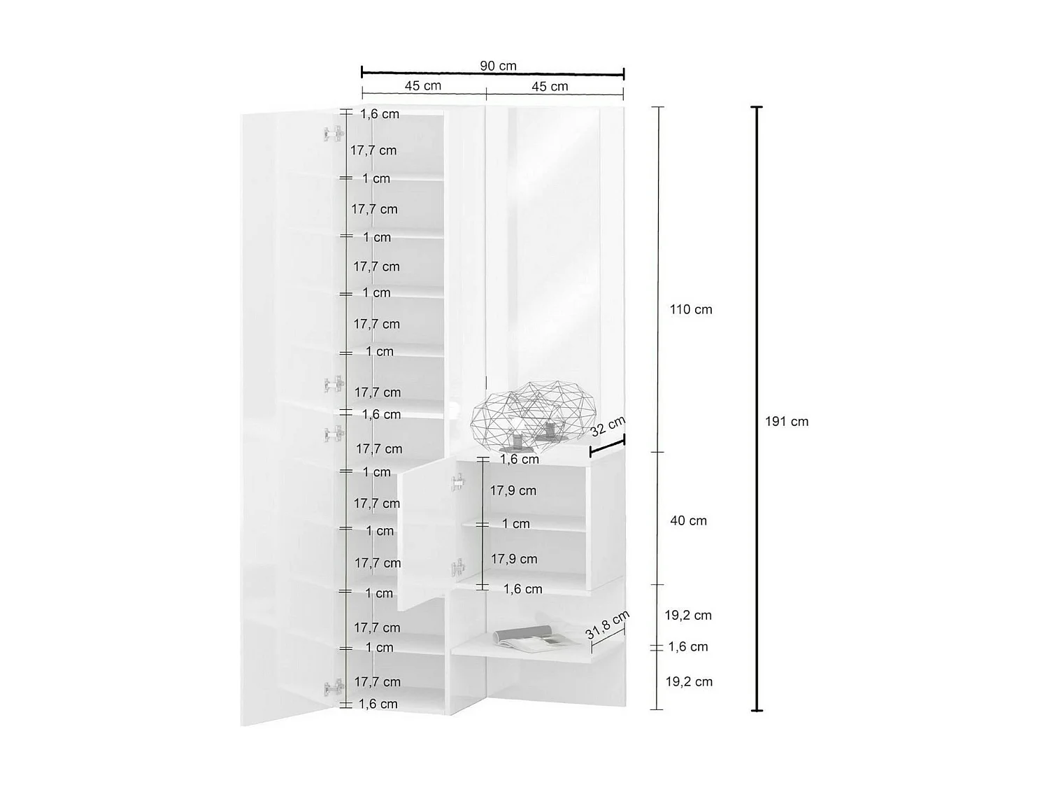 Mueble de entrada Dcristant, Mueble multifuncional con 2 puertas, Mueble multiusos con espejo, 90x35h190 cm, Blanco