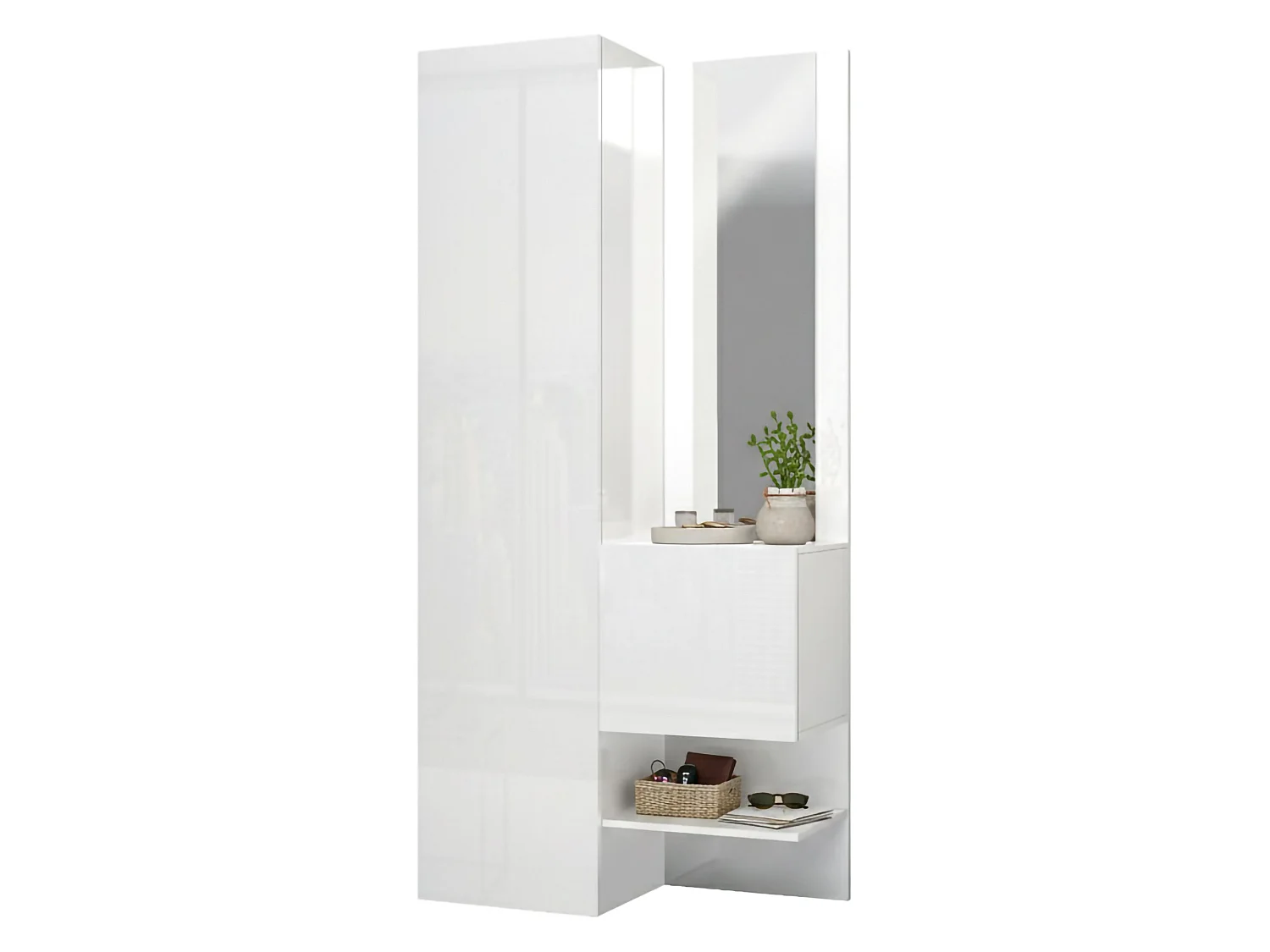 Meuble d'entrée Vinicio, Armoire multifonctionnelle avec 2 portes, Armoire polyvalente avec miroir, 90x35h190 cm, Blanc