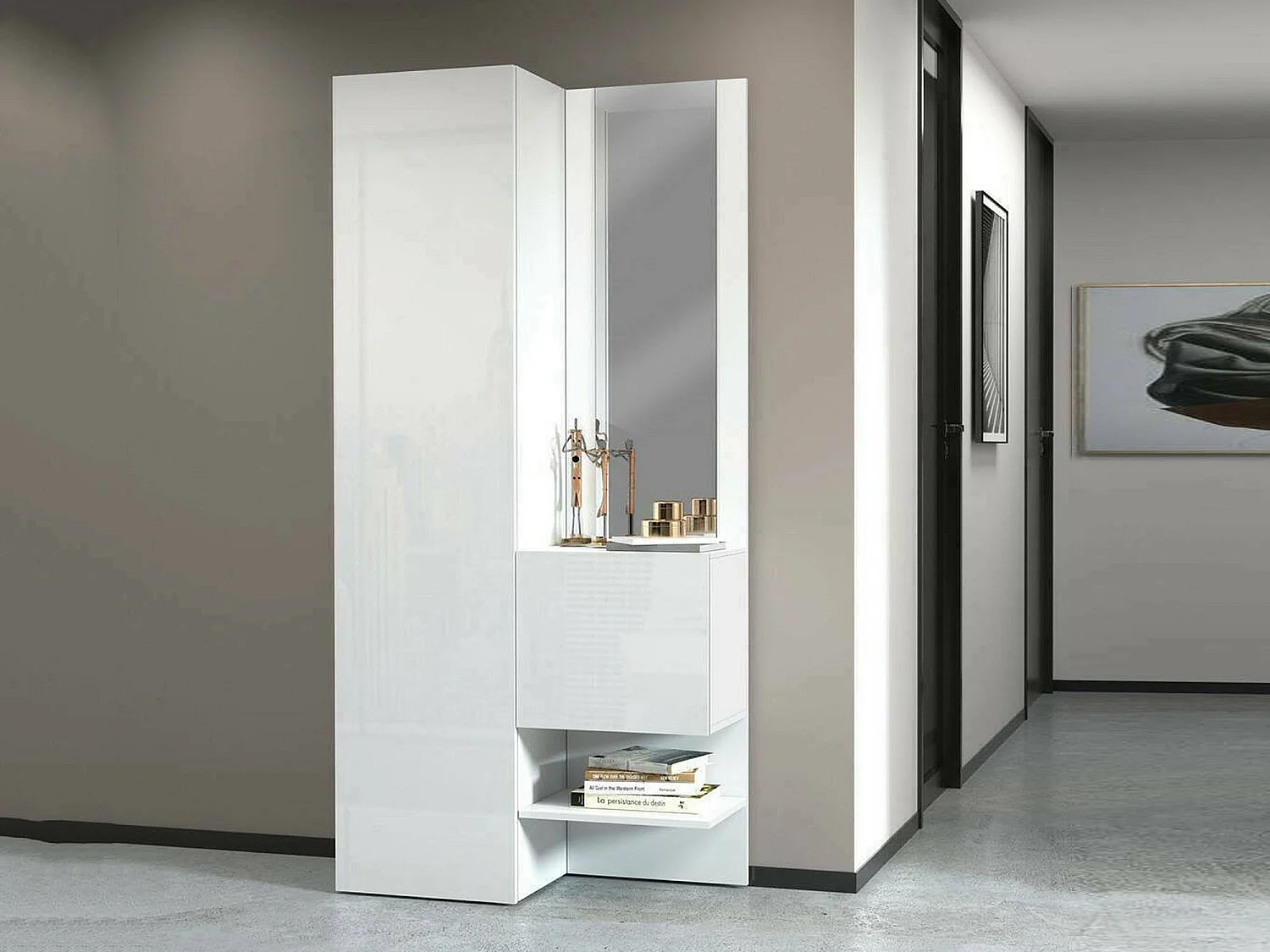 Meuble d'entrée Vinicio, Armoire multifonctionnelle avec 2 portes, Armoire polyvalente avec miroir, 90x35h190 cm, Blanc