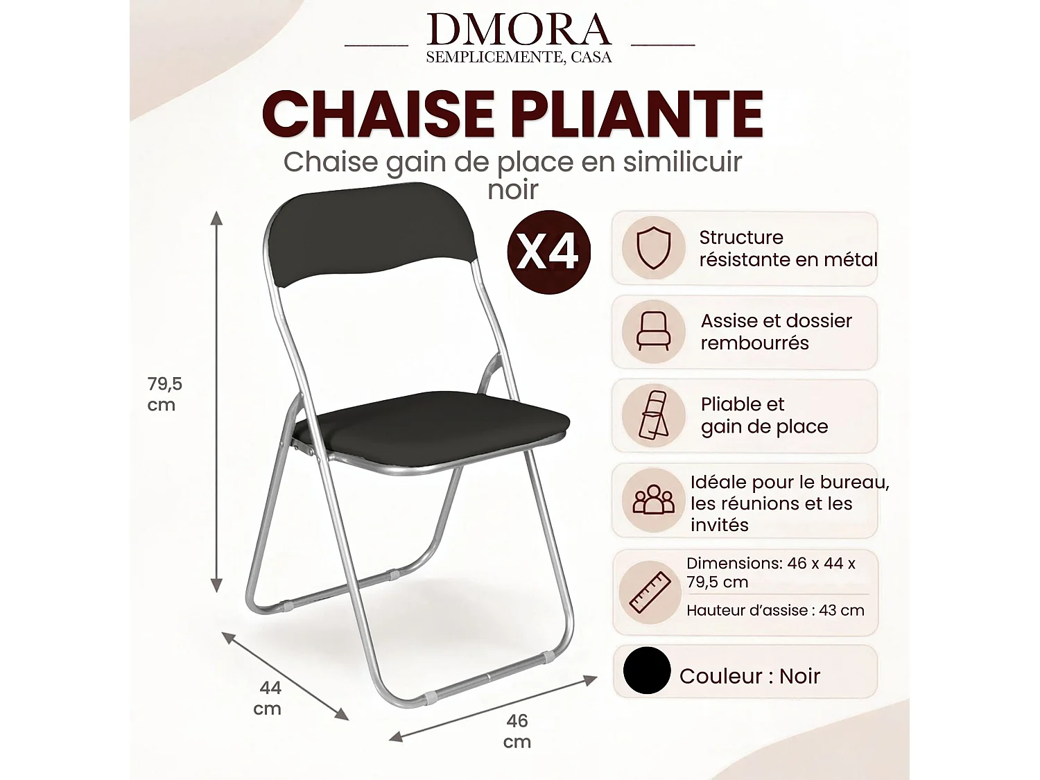 Lot de 4 chaises pliantes Marbella, Fauteuil gain de place, Chaise invité, Siège de réunion en simili cuir, 43x47h80 cm, Noir