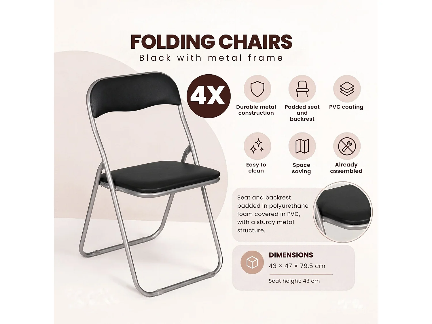 Lot de 4 chaises pliantes Marbella, Fauteuil gain de place, Chaise invité, Siège de réunion en simili cuir, 43x47h80 cm, Noir