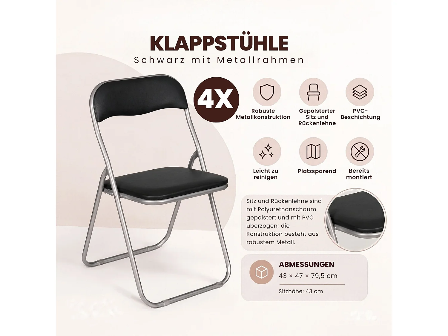 Lot de 4 chaises pliantes Marbella, Fauteuil gain de place, Chaise invité, Siège de réunion en simili cuir, 43x47h80 cm, Noir