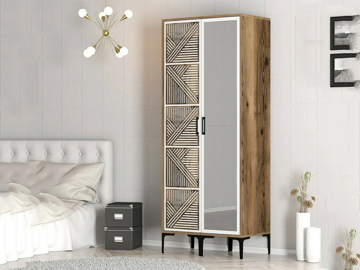 Garde-robe 2 portes Dpagliuc, Meubles de chambre, Penderie de plain-pied, Placard à vêtements, 80x201h48 cm, Noyer et Blanc