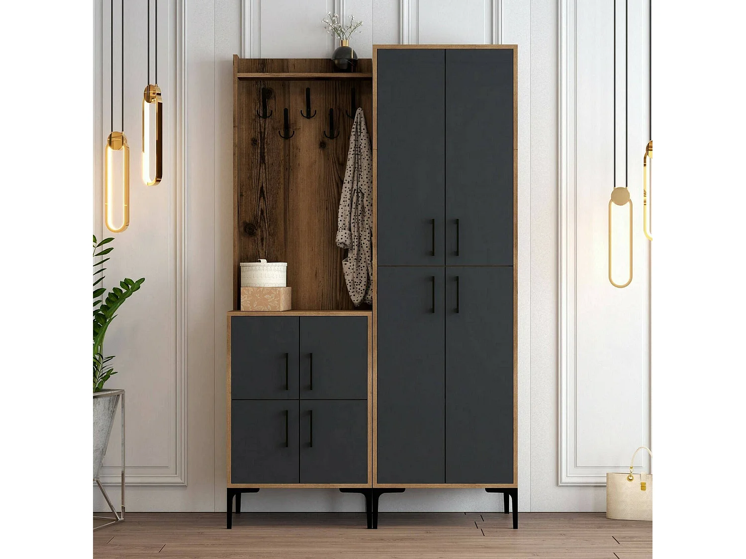 Meuble d'entrée Castor, Crochet d'entrée, Composition pour l'atrium, Console de rangement multifonction, 120x35h200 cm, Noyer et Anthracite