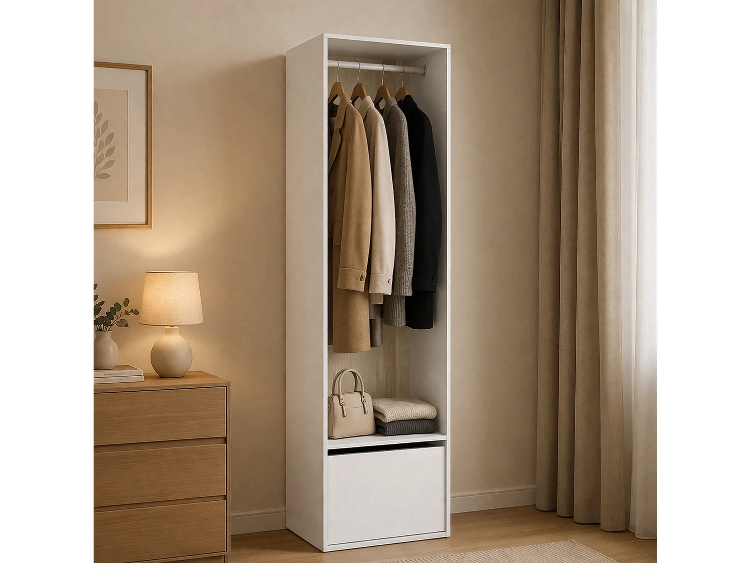 Grande Garde-robe Dki, Meubles de chambre, Penderie de plain-pied, Placard à vêtements, 60x45 h205 cm, Blanc et Chêne clair