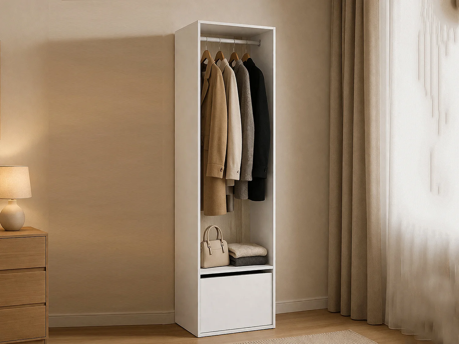 Grande Garde-robe Dki, Meubles de chambre, Penderie de plain-pied, Placard à vêtements, 60x45 h205 cm, Blanc et Chêne clair
