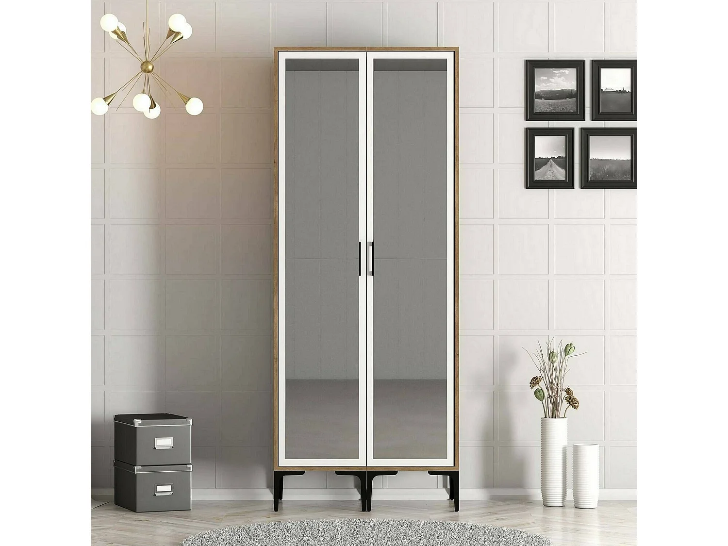 Garde-robe 2 portes Dpret, Meubles de chambre, Penderie de plain-pied, Placard à vêtements, 80x201h48 cm, Noyer et Blanc