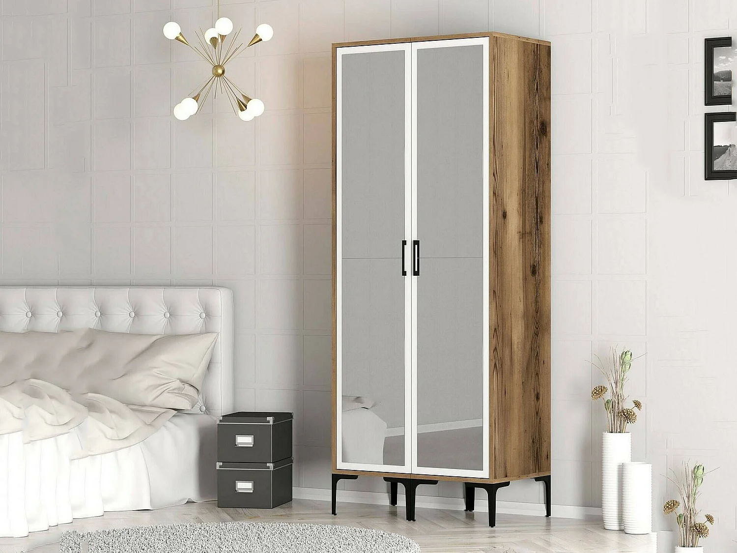 Garde-robe 2 portes Dpret, Meubles de chambre, Penderie de plain-pied, Placard à vêtements, 80x201h48 cm, Noyer et Blanc