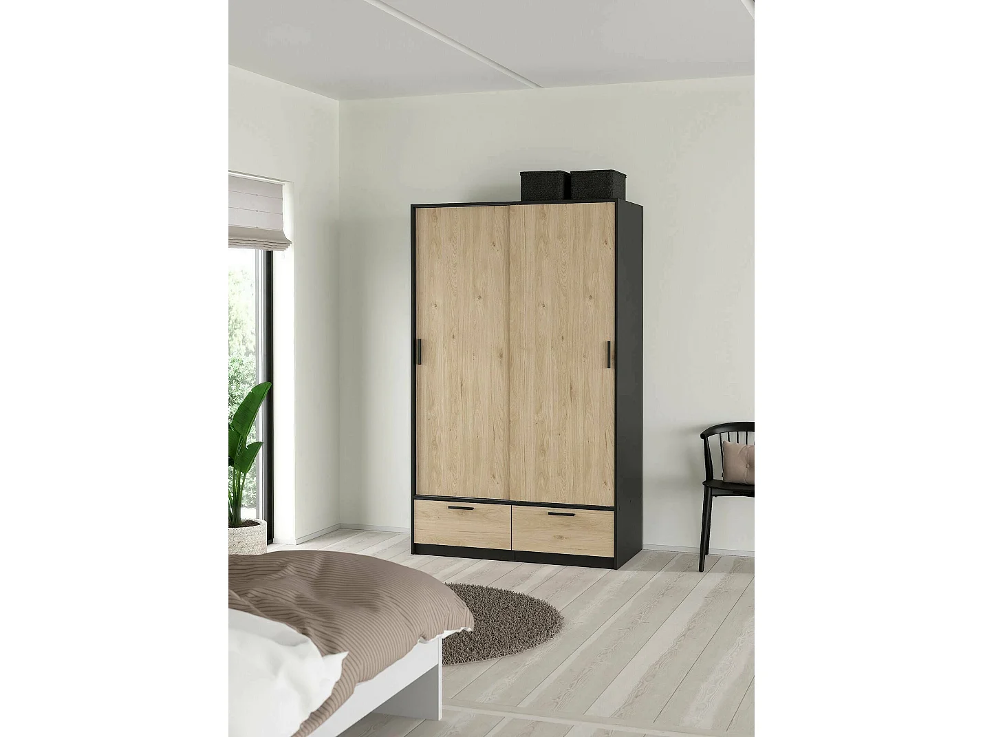 Dschoute 2-deurskast, Slaapkamermeubel, Inloopkast, Kledingkast, 121x60 h200 cm, Zwart en Eiken