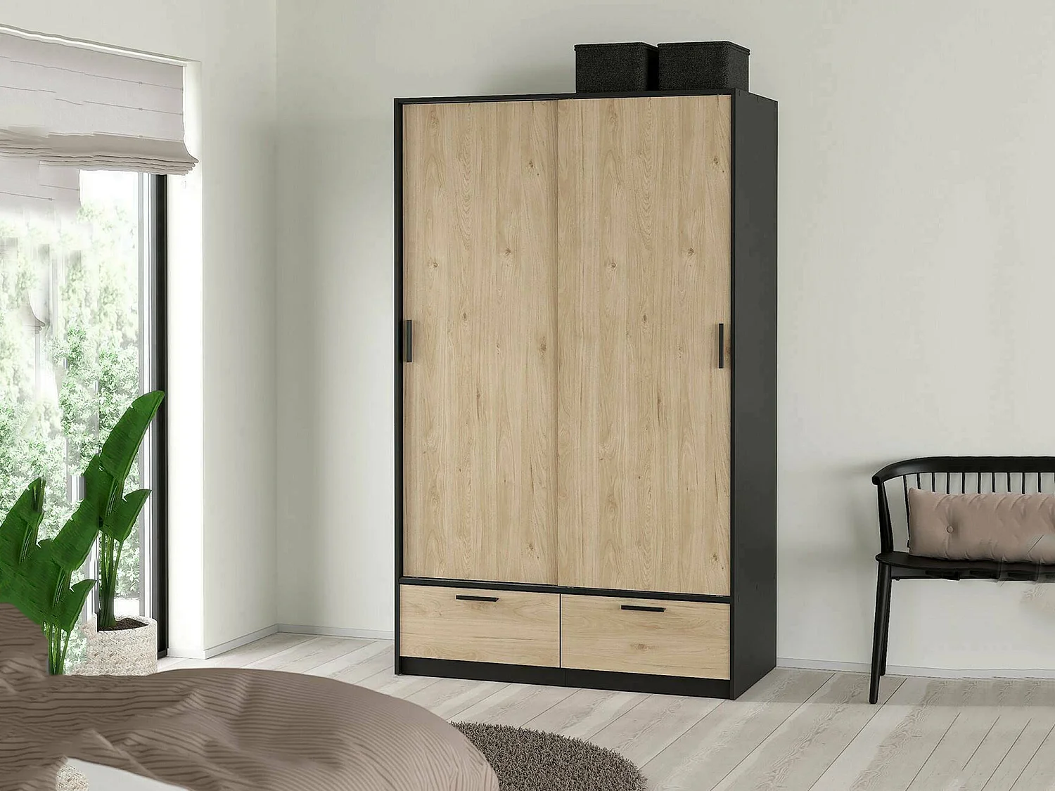Garde-robe 2 portes Dschoute, Meubles de chambre, Penderie de plain-pied, Placard à vêtements, 121x60 h200 cm, Noir et Chêne