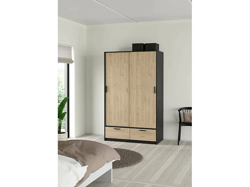 Garde-robe 2 portes Dschoute, Meubles de chambre, Penderie de plain-pied, Placard à vêtements, 121x60 h200 cm, Noir et Chêne