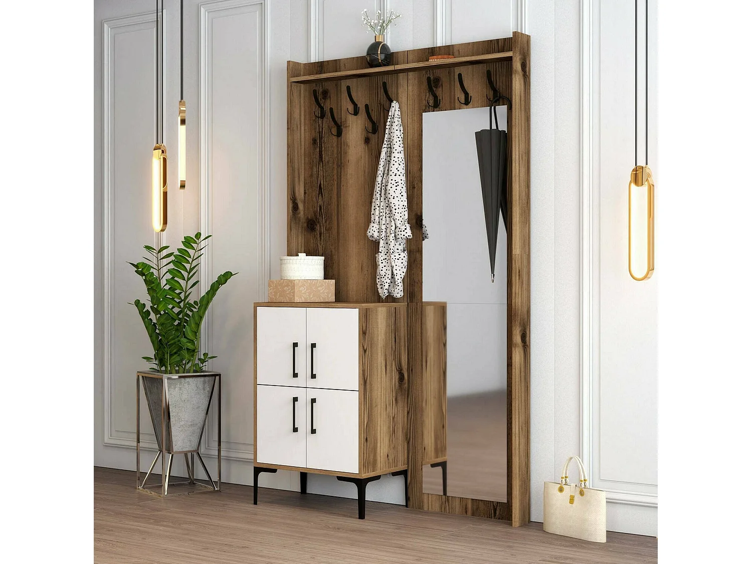 Dperron entreekast, Klerenhanger ingang, Atrium samenstelling, Multifunctionele opbergconsole, 120x35h200 cm, Walnoot en Wit
