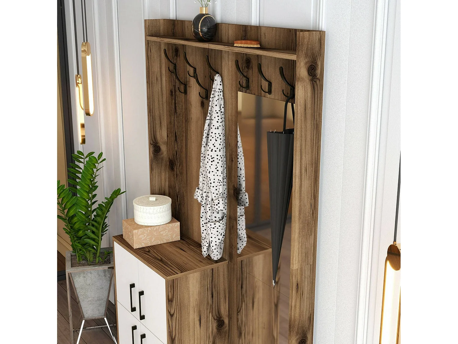 Dperron entreekast, Klerenhanger ingang, Atrium samenstelling, Multifunctionele opbergconsole, 120x35h200 cm, Walnoot en Wit