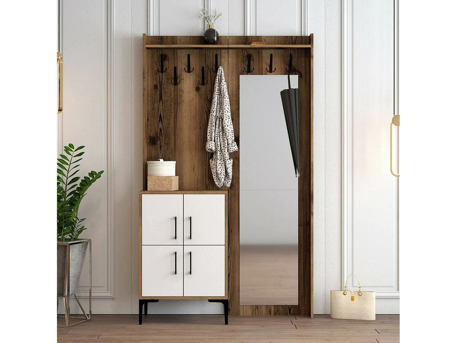 Dperron entreekast, Klerenhanger ingang, Atrium samenstelling, Multifunctionele opbergconsole, 120x35h200 cm, Walnoot en Wit
