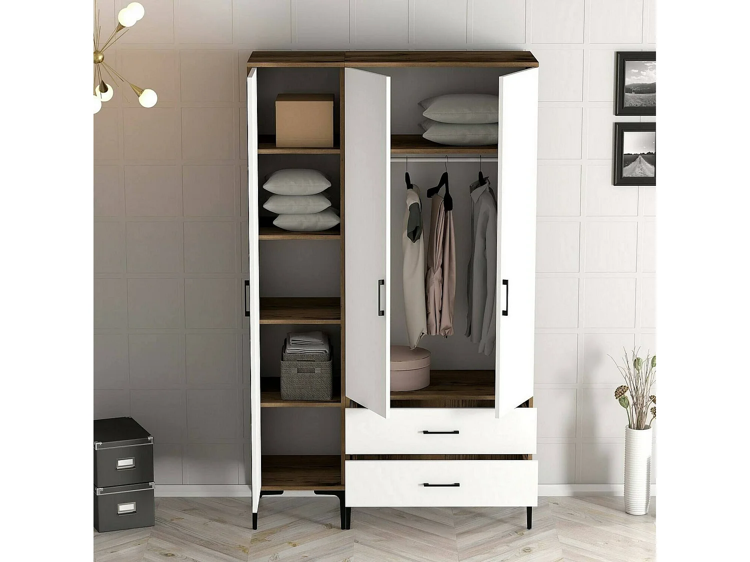 Garde-robe 3 portes Dpierin, Meubles de chambre, Penderie de plain-pied, Placard à vêtements, 120x201h48 cm, Noyer et Blanc