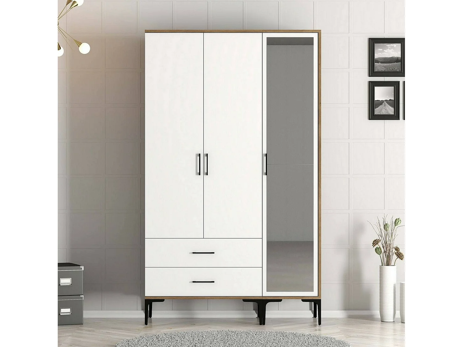 Garde-robe 3 portes Dpierin, Meubles de chambre, Penderie de plain-pied, Placard à vêtements, 120x201h48 cm, Noyer et Blanc