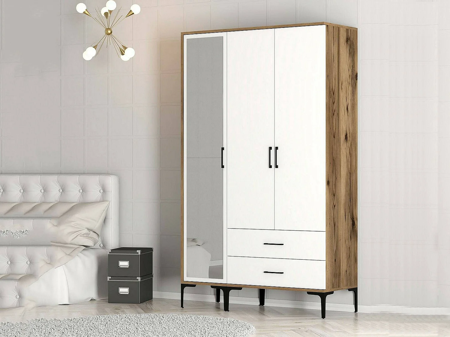 Garde-robe 3 portes Dpierin, Meubles de chambre, Penderie de plain-pied, Placard à vêtements, 120x201h48 cm, Noyer et Blanc