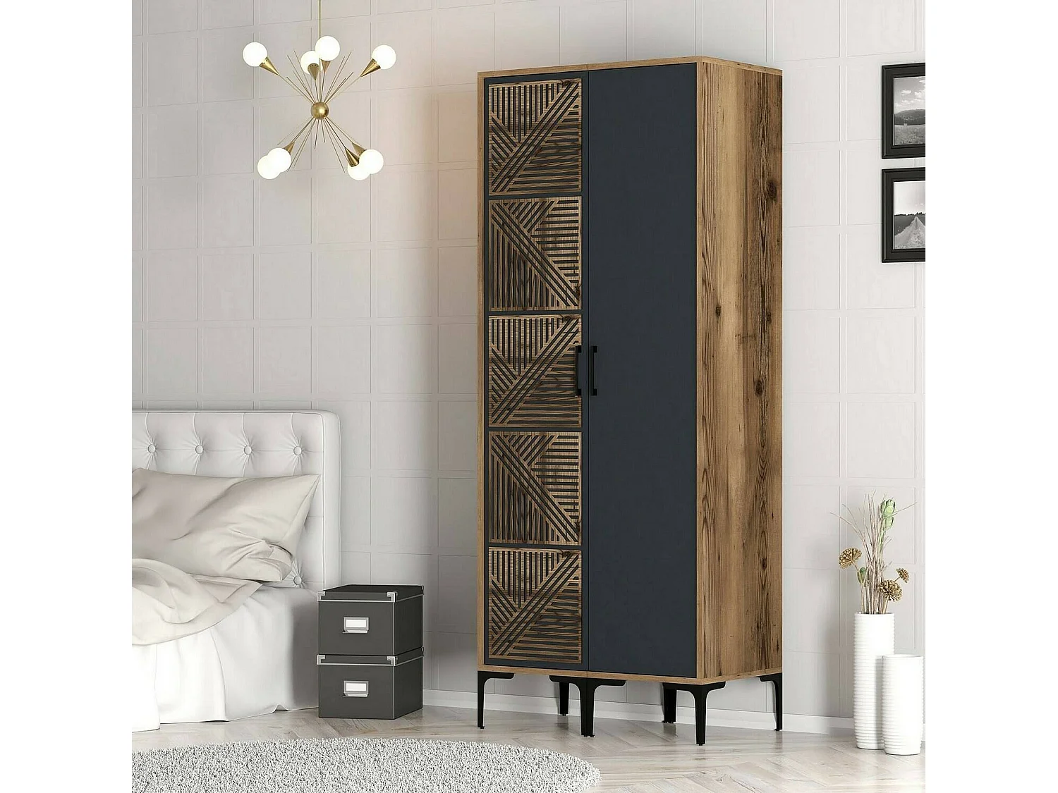 Garde-robe 2 portes Dbenkovi, Meubles de chambre, Penderie de plain-pied, Placard à vêtements, 80x201h48 cm, Noyer et Anthracite