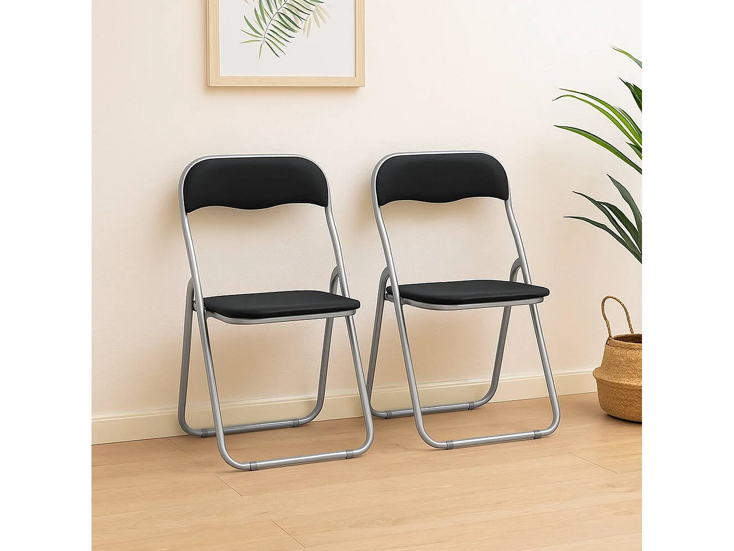 Lot de 2 chaises pliantes Marbella, Fauteuil gain de place, Chaise invité, Siège de réunion en simili cuir, 43x47h80 cm, Noir