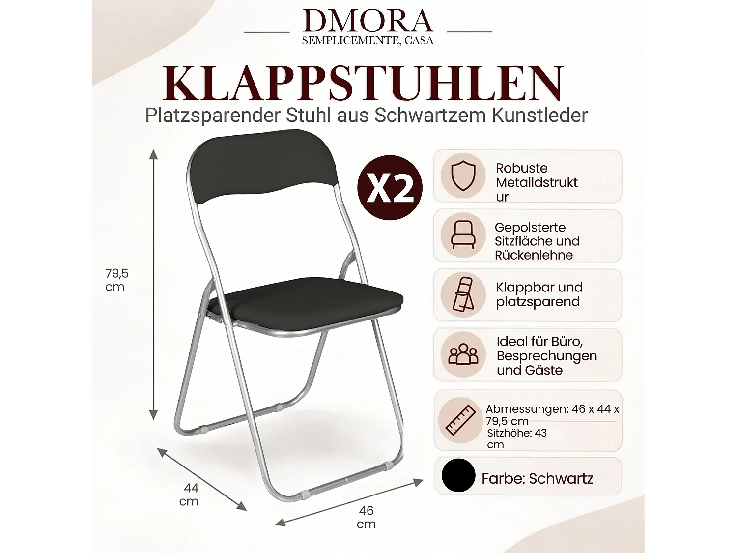 Set mit 2 Marbella-Klappstühlen, platzsparender Sessel, Gästestuhl, Besprechungssitz aus Kunstleder, 43 x 47 x 80 cm, Schwarz
