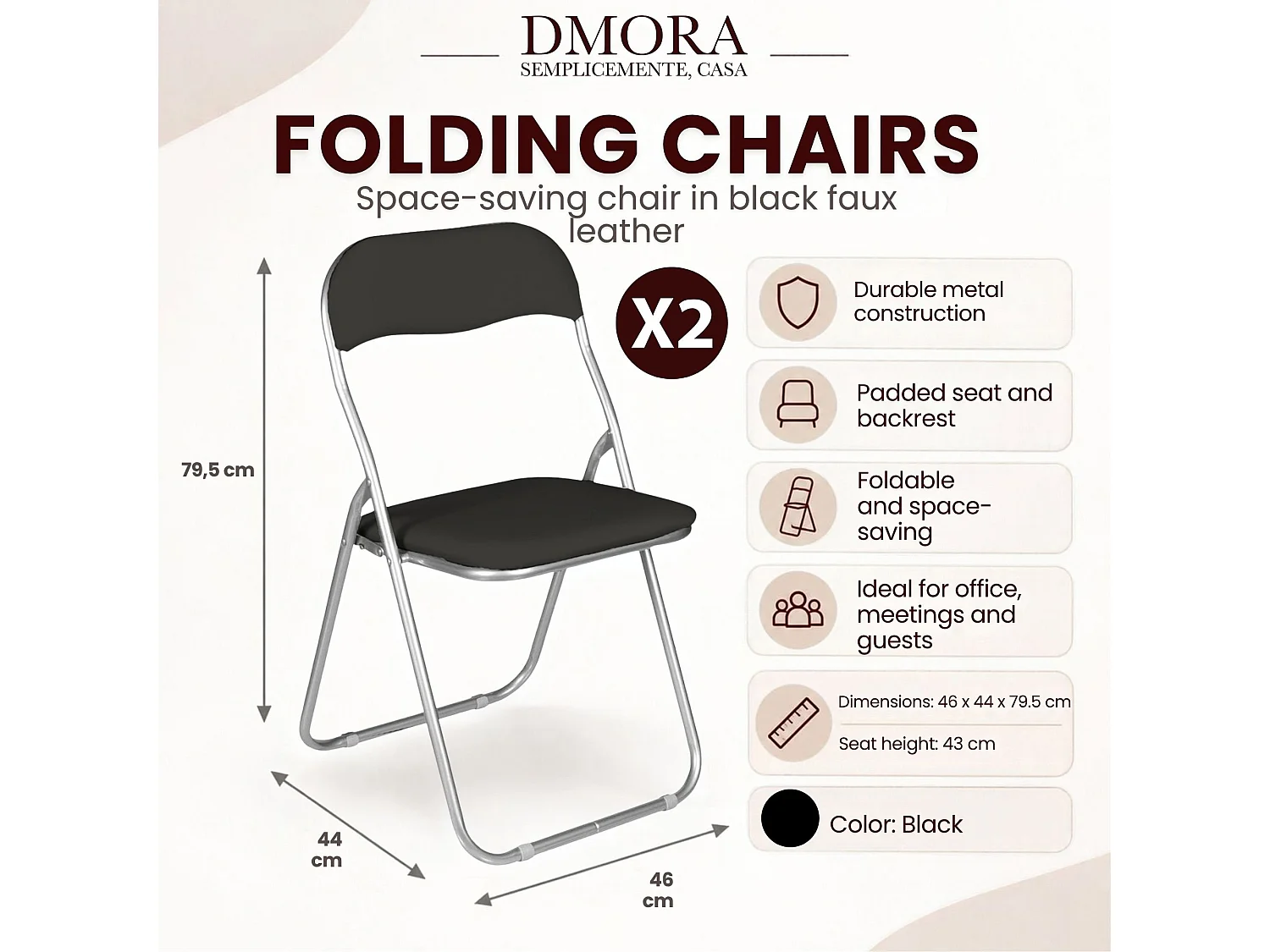 Juego de 2 sillas plegables Marbella, Sillón que ahorra espacio, Silla para invitados, Asiento para reuniones en símil piel, 43x47h80 cm, Negro