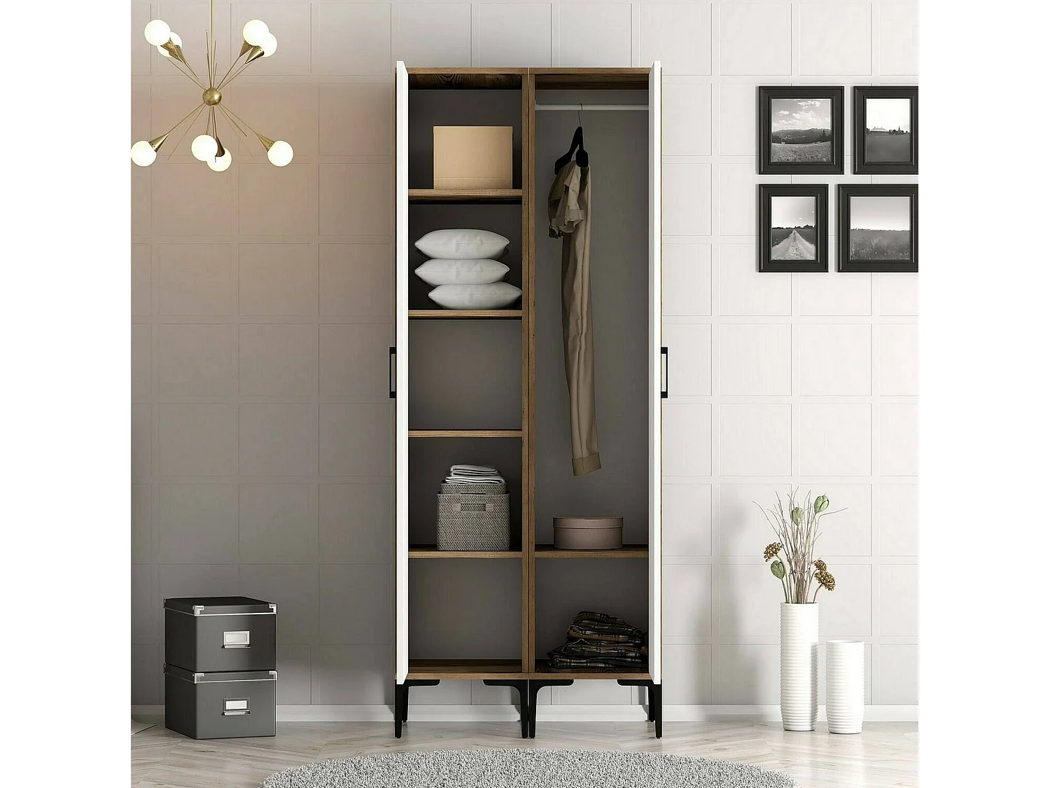 Garde-robe 2 portes Dbenkovi, Meubles de chambre, Penderie de plain-pied, Placard à vêtements, 80x201h48 cm, Noyer et Blanc