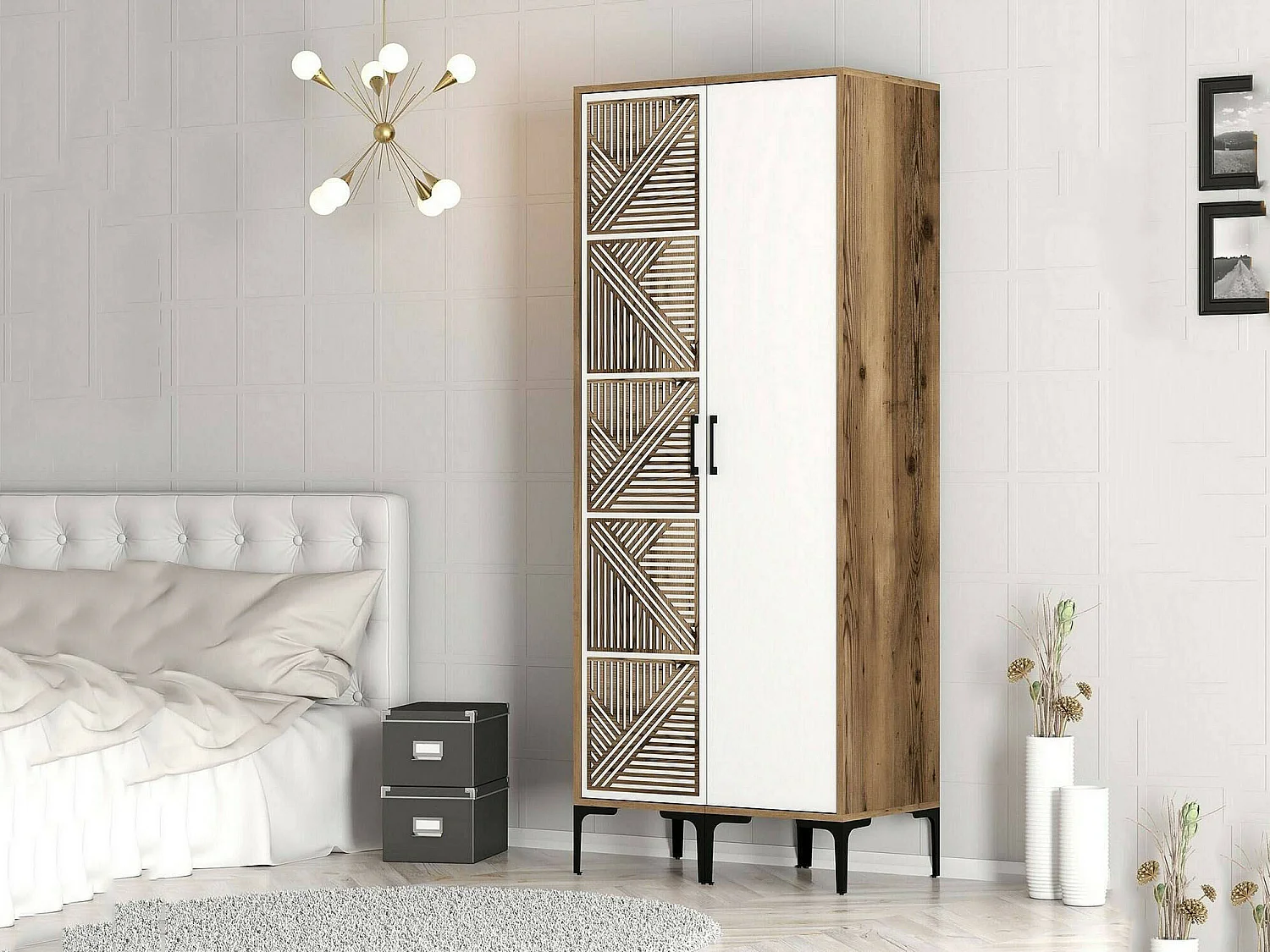 Garde-robe 2 portes Dbenkovi, Meubles de chambre, Penderie de plain-pied, Placard à vêtements, 80x201h48 cm, Noyer et Blanc
