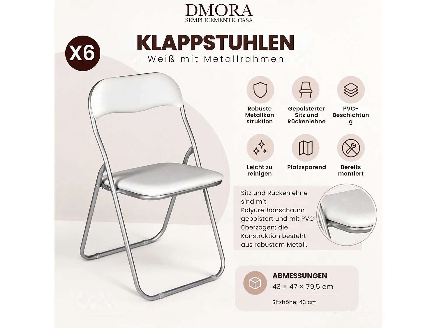 Lot de 6 chaises pliantes Marbella, Fauteuil gain de place, Chaise invité, Siège de réunion en simili cuir, 43x47h80 cm, Blanc