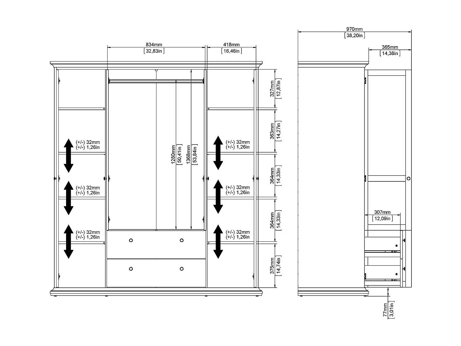 GroÃŸer Kleiderschrank Dsersant, Schlafzimmermöbel, Schrank, Garderobe, 181x61 h201 cm, Grau
