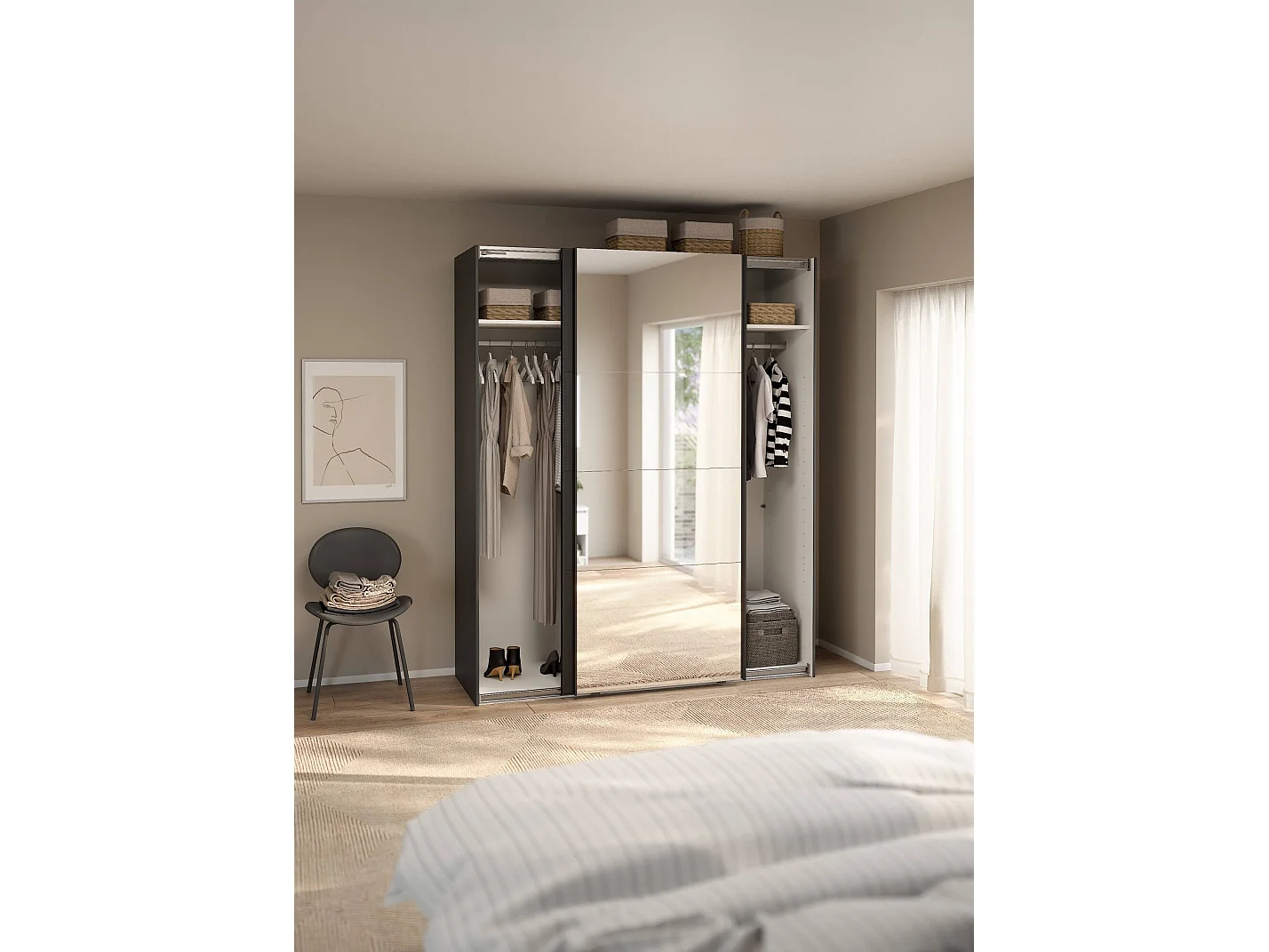 Armário Dprovede de 2 portas, mobiliário de quarto, roupeiro, roupeiro, 179x65 h220 cm, cinzento e transparente