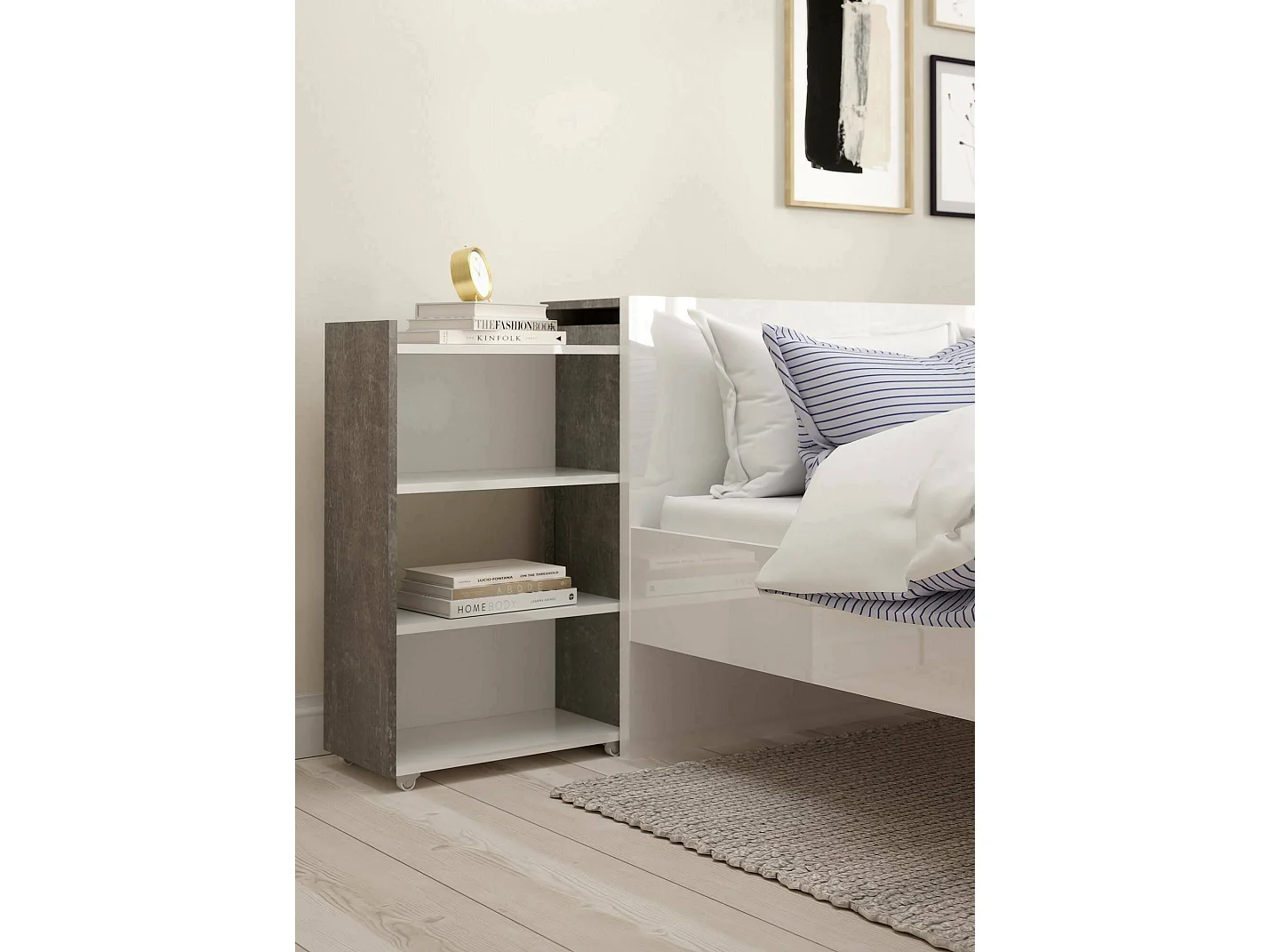 Chevet Drot, Commode basse, Table de nuit, Étagère de chevet, 165x26 h80 cm, Ciment et blanc