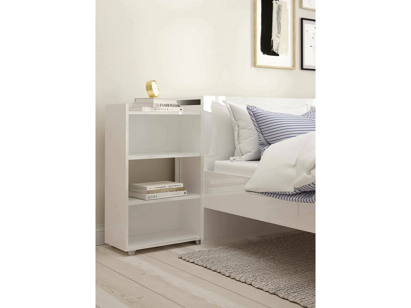 Chevet Drosi, Commode basse, Table de nuit, Étagère de chevet, 145x26 h80 cm, Blanc
