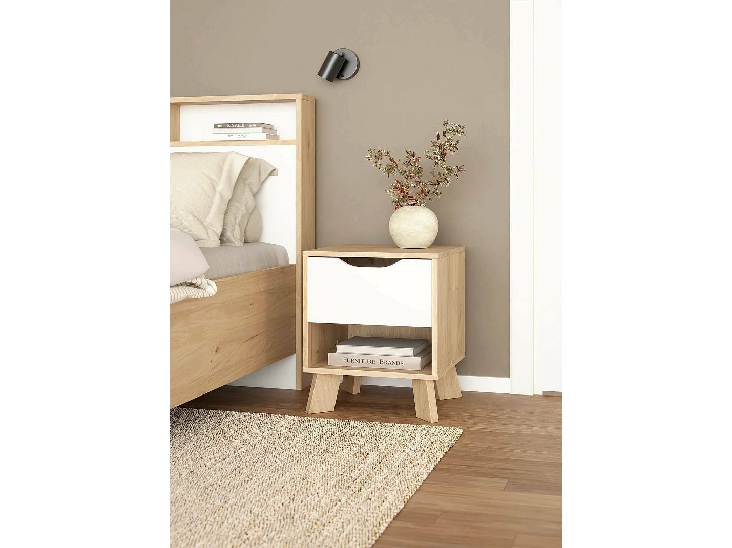 Drossitt nachtkastje, Lage ladekast, Nachtkastje, Bedplank, 40x40 h47 cm, Eiken en Wit