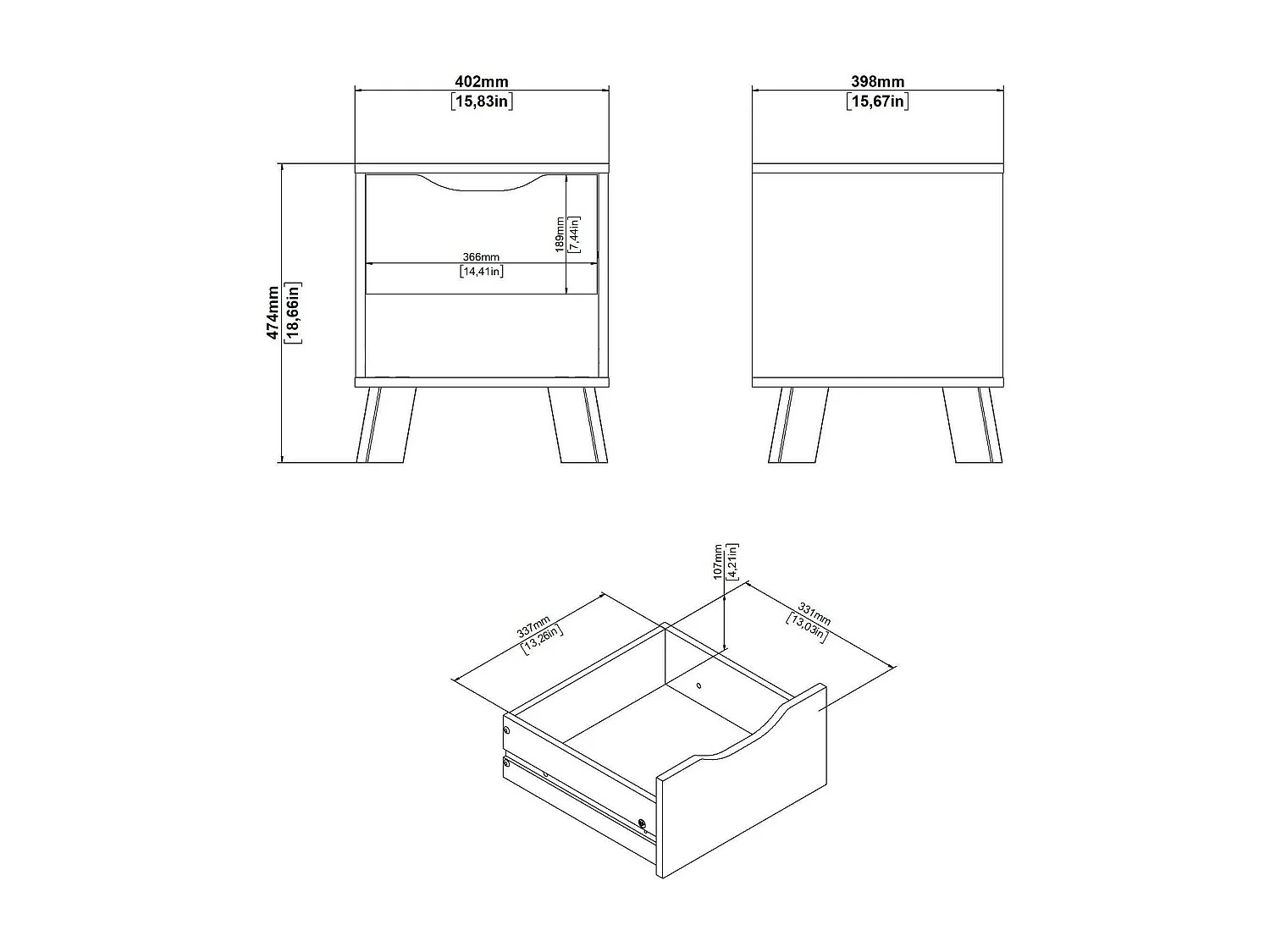 Drossitt nachtkastje, Lage ladekast, Nachtkastje, Bedplank, 40x40 h47 cm, Eiken en Wit