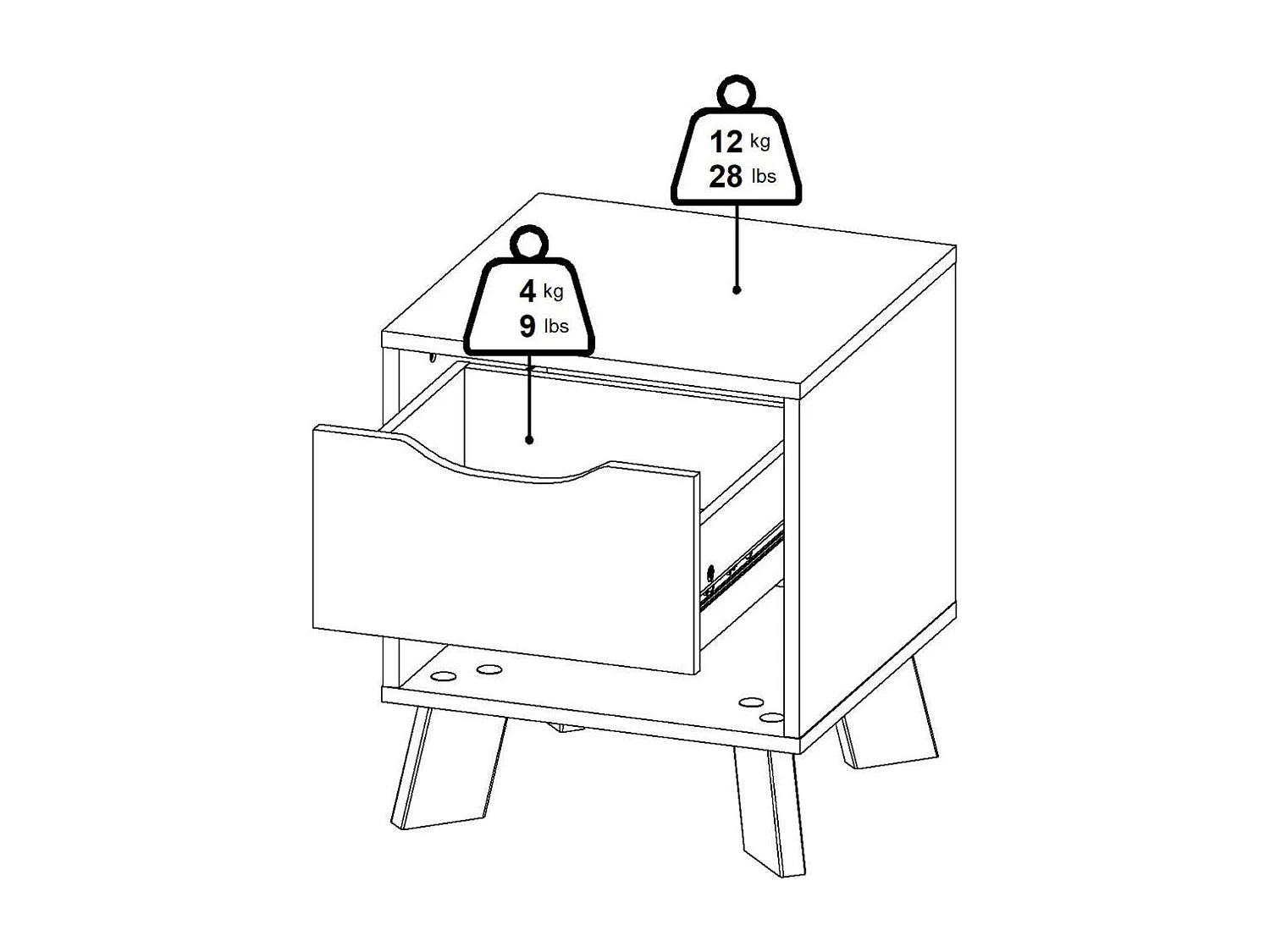 Drossitt nachtkastje, Lage ladekast, Nachtkastje, Bedplank, 40x40 h47 cm, Eiken en Wit