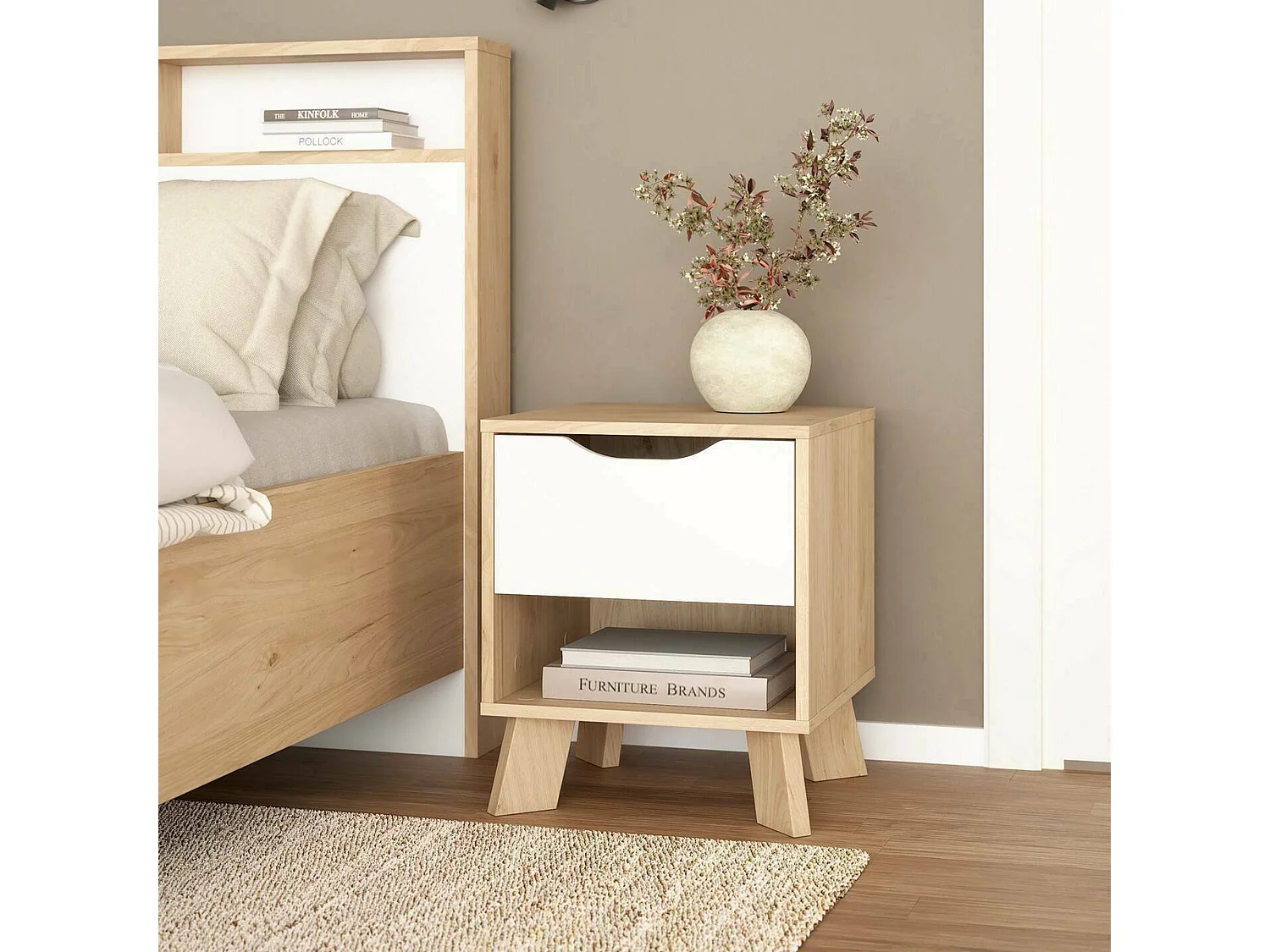 Chevet Drossitt, Commode basse, Table de nuit, Étagère de chevet, 40x40 h47 cm, Chêne clair et Blanc