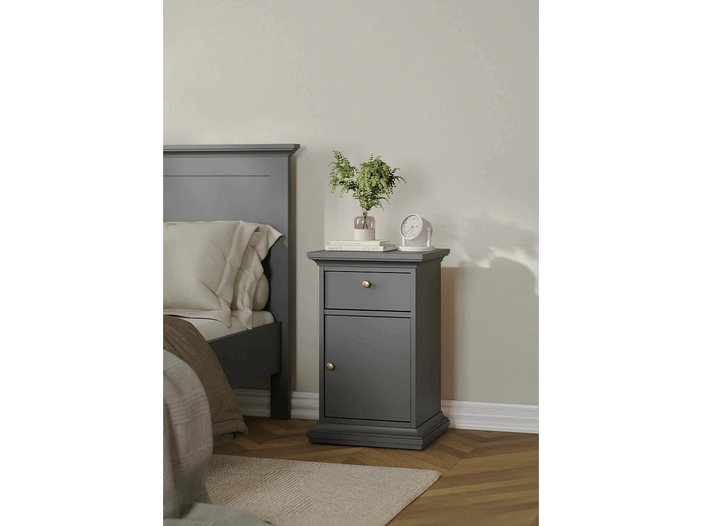 Chevet Drrahman, Commode basse, Table de nuit, Étagère de chevet, 44x40 h70 cm, Gris