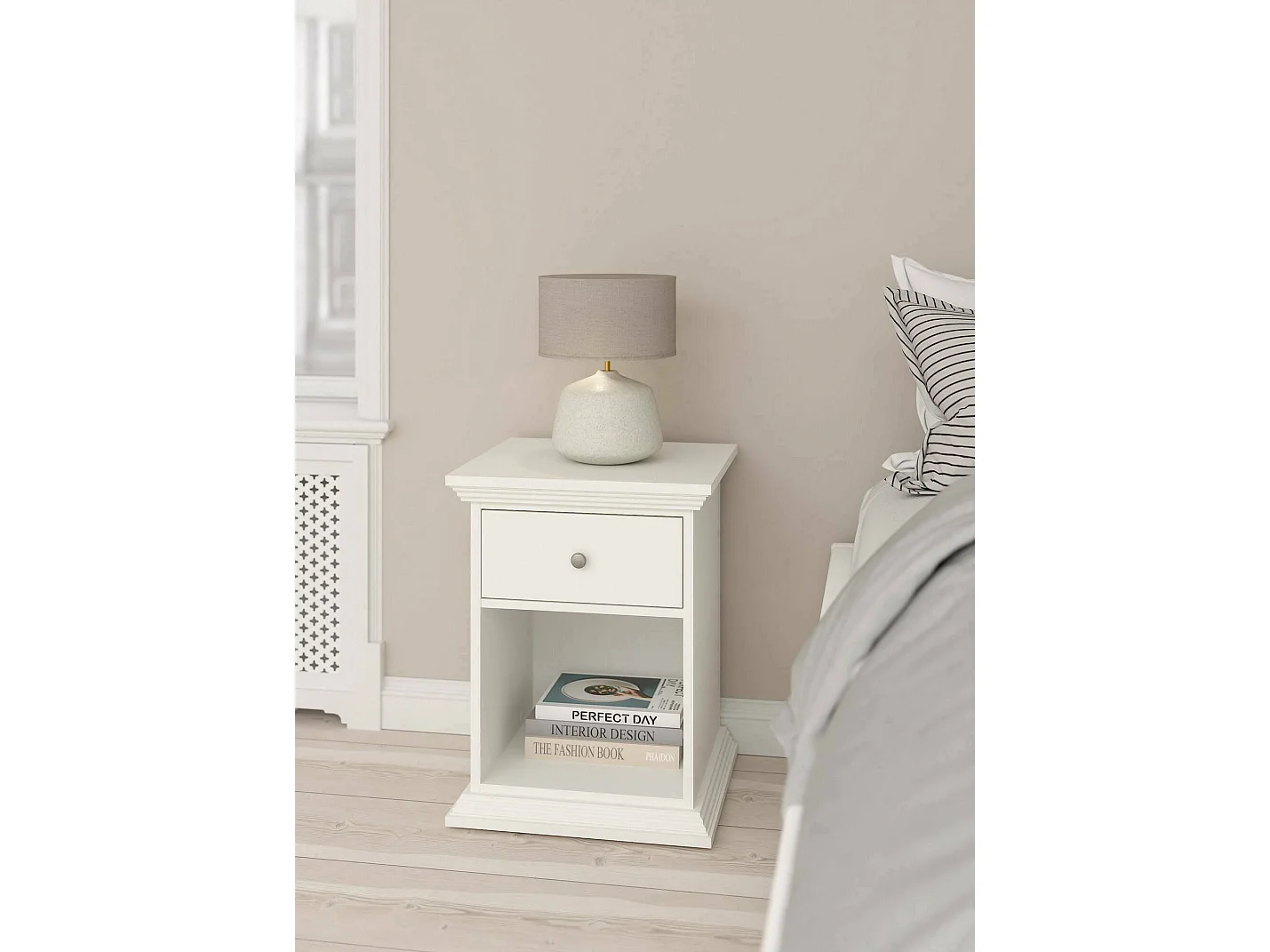 Comodino Pascal, un Cassetto, 43.3x47.8x63.4h cm Bianco