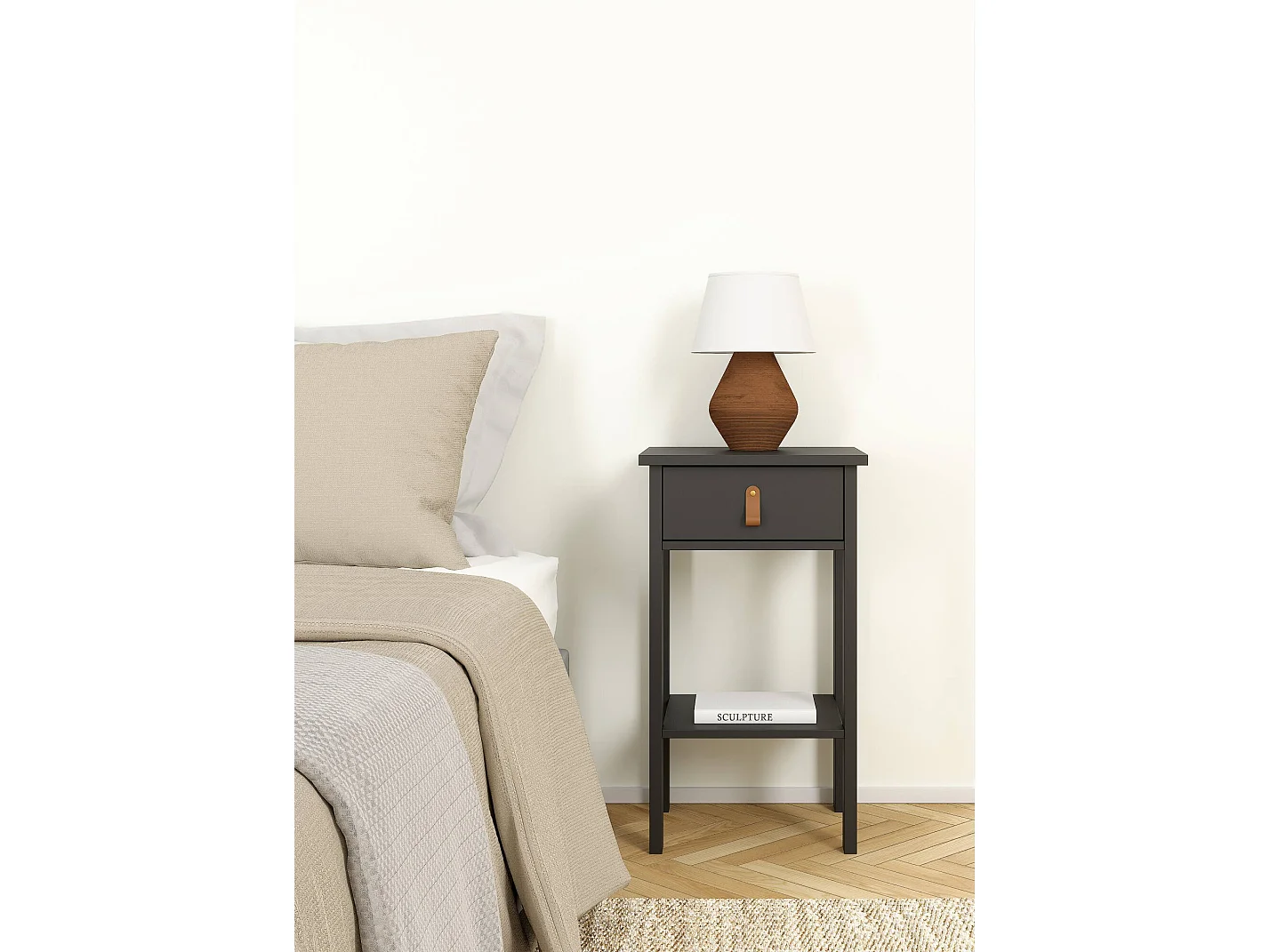 Dsabir nachtkastje, Laag dressoir, Nachtkastje, Bedplank, 40x34 h70 cm, Zwart