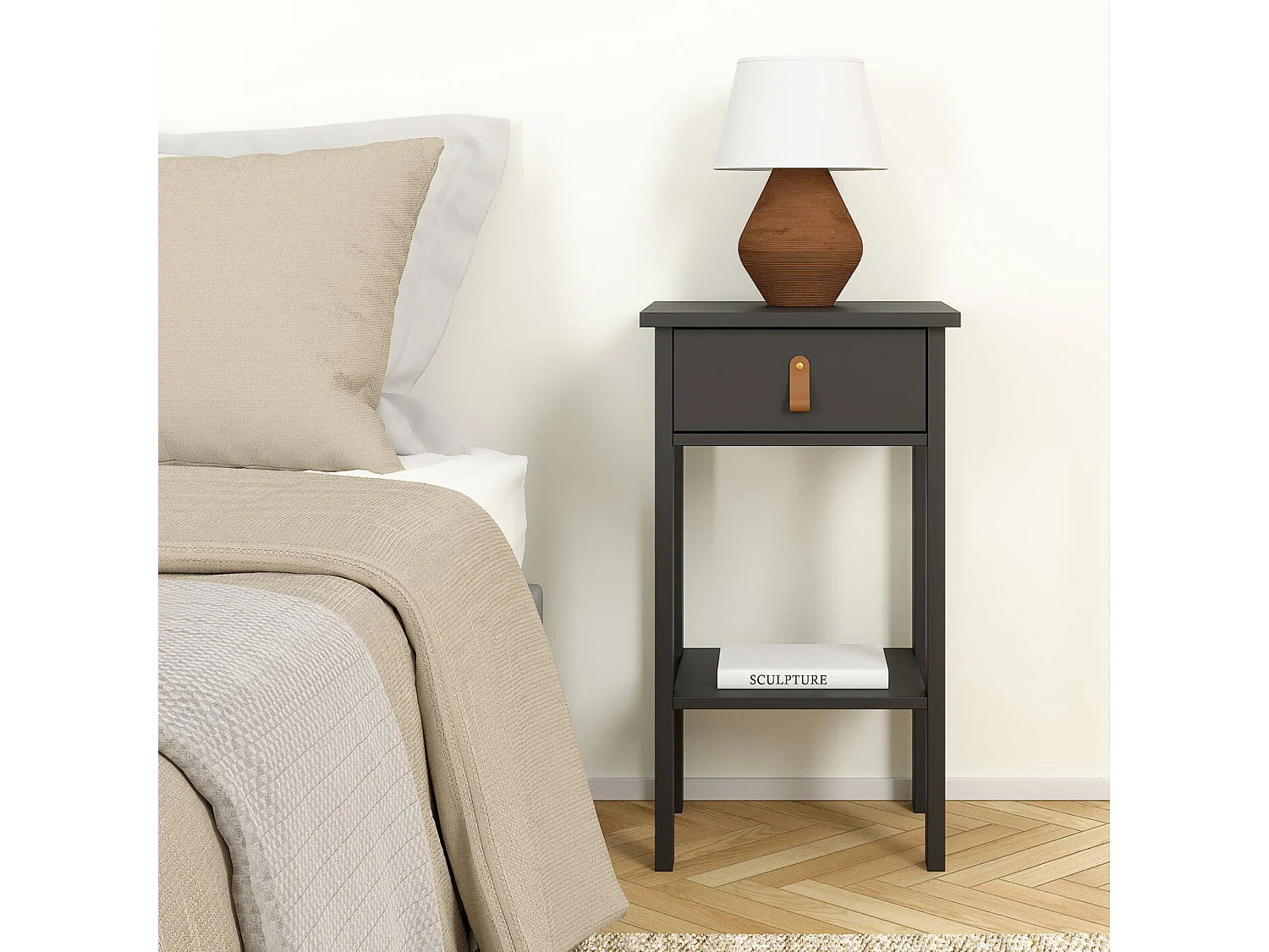 Chevet Dsabir, Commode basse, Table de nuit, Étagère de chevet, 40x34 h70 cm, Noir