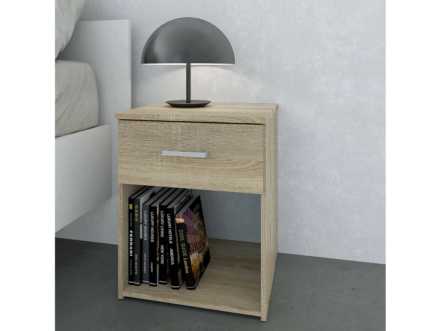 Chevet Druss, Commode basse, Table de nuit, Étagère de chevet, 38x36 h48 cm, Chêne