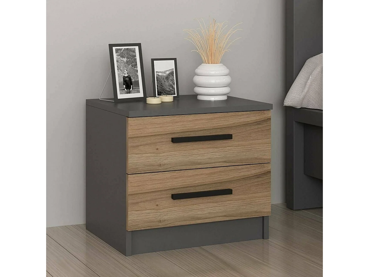 Mesa de cabeceira Dbauman, Cómoda baixa, Mesa de cabeceira, Prateleira de cama, 50x47 h40 cm, Nogueira e Preto